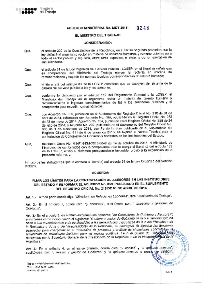 Acuerdo Ministerial Nro. 0246 Norma para Fijar límites en la contratación de asesores en las Instituciones del Estado