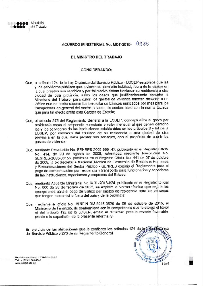 Acuerdo Ministerial Nro. 0236 Reforma el Reglamento para el Pago de Compensación por Residencia y Transporte para Funcionarios y Servidores de las Instituciones del Estado