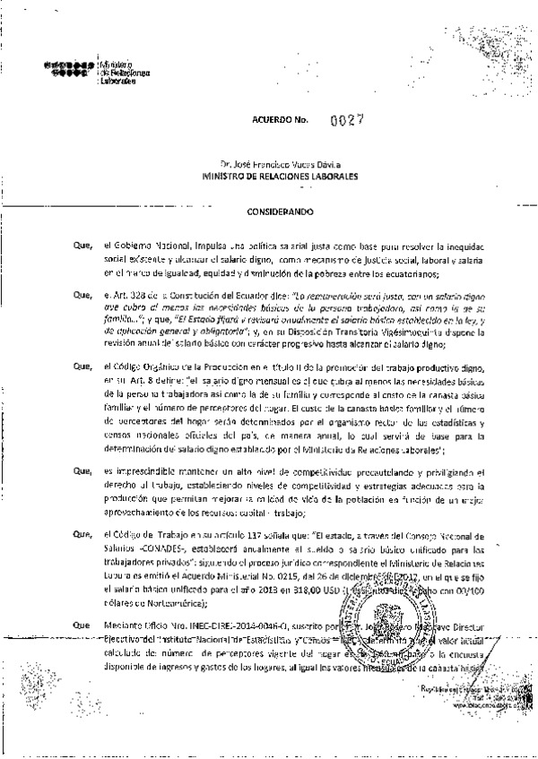 Acuerdo Ministerial Nro. 027 Cálculo de compensación del Salario digno correspondiente al año 2013