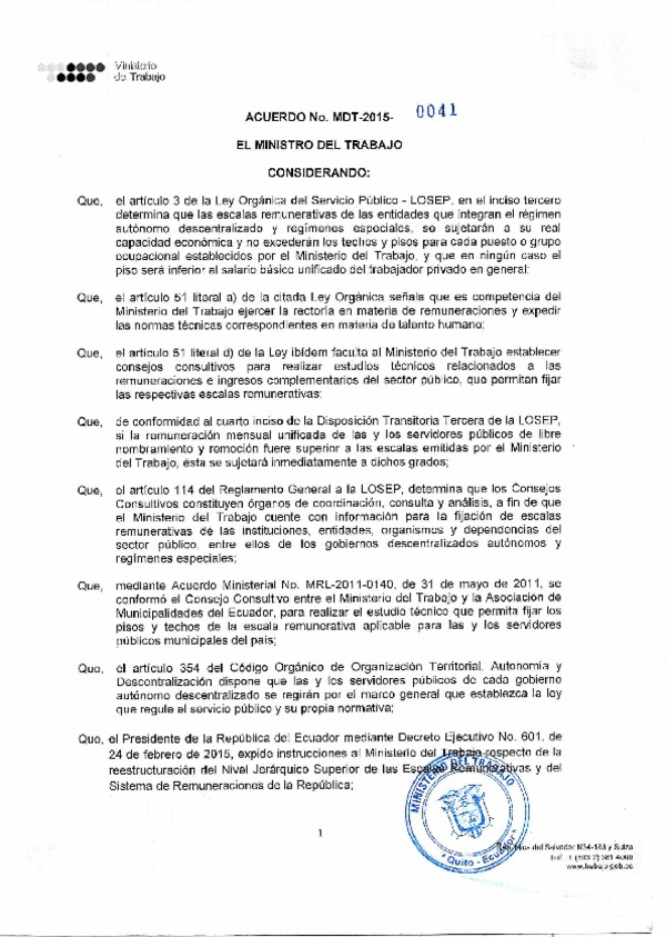 Acuerdo Ministerial Nro. 0041 Escala de pisos y techos de remuneraciones mensuales de los Gobiernos Autónomos Descentralizados municipales