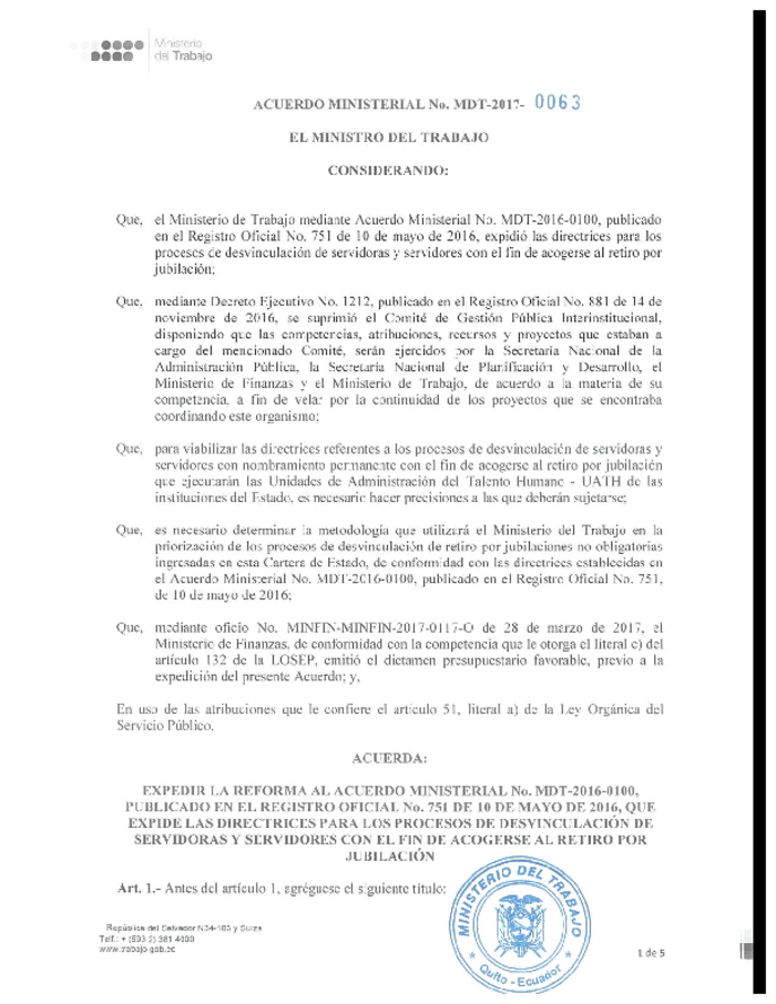 Acuerdo Ministerial Nro. 0063
