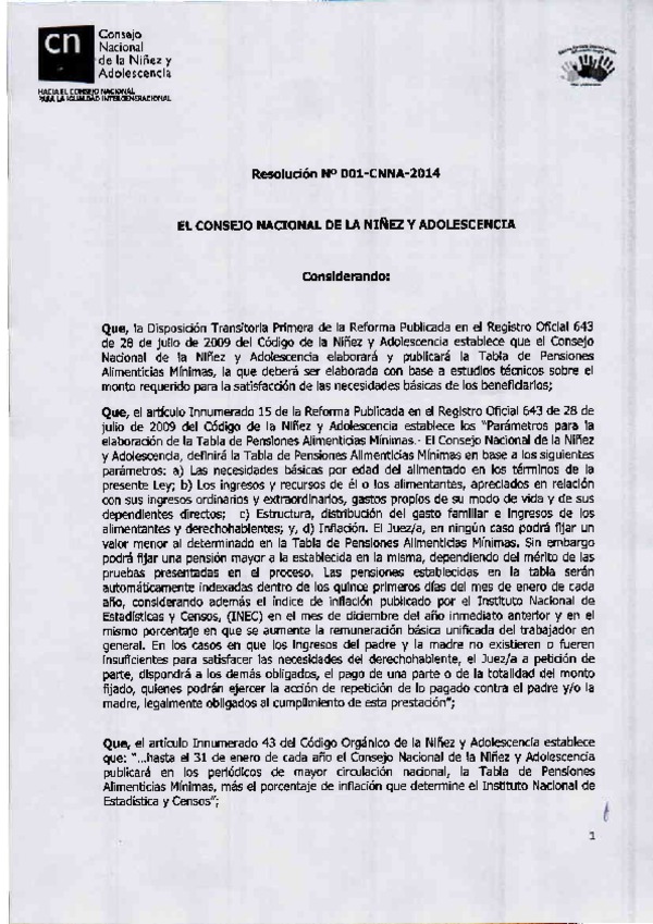 Resolución Nro. 001 Pensiones alimenticias mínimas 2014