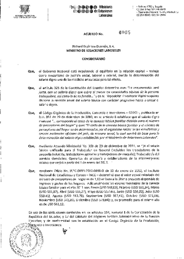 Acuerdo Ministerial Nro. 0005 Salario Digno MRL