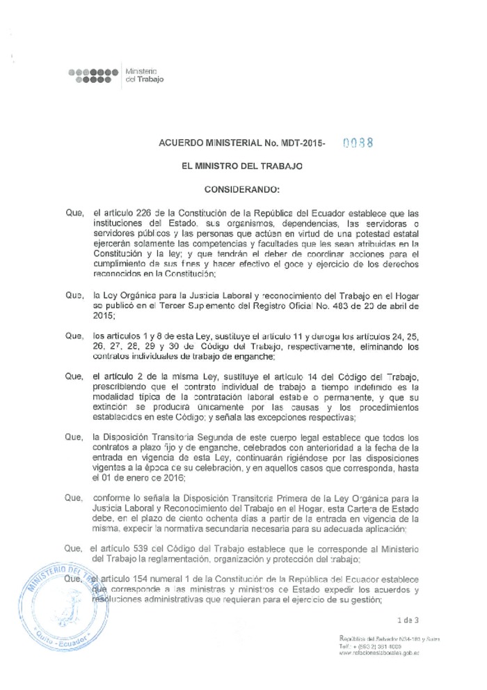 Acuerdo Ministerial Nro. 0088 Norma que regula el contrato individual de trabajo a plazo fijo