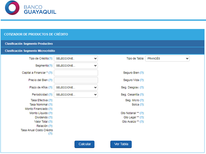 Banco Guayaquil simulador créditos, cuota de pago, vencimiento de préstamos