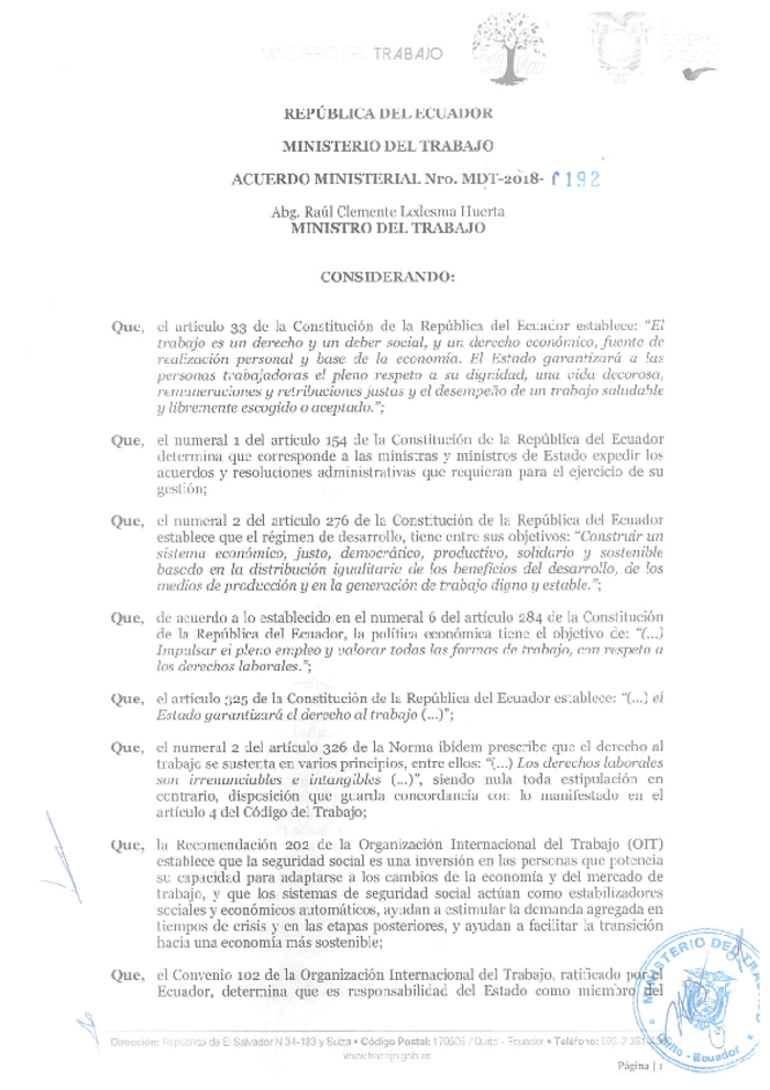 Acuerdo Ministerial Nro. 0192