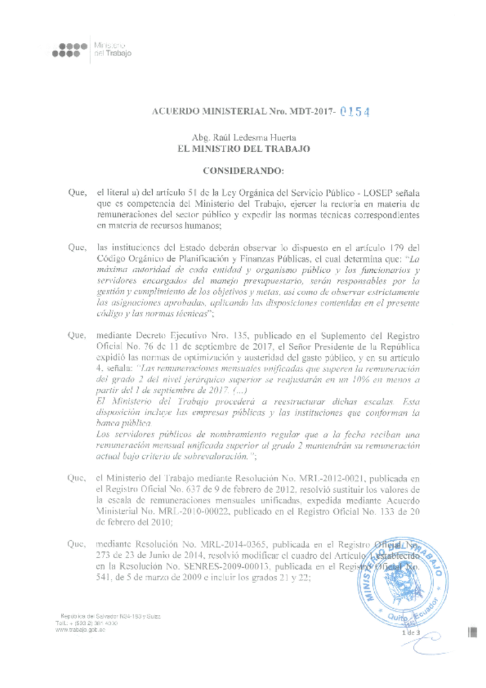 Acuerdo Ministerial Nro. 0154