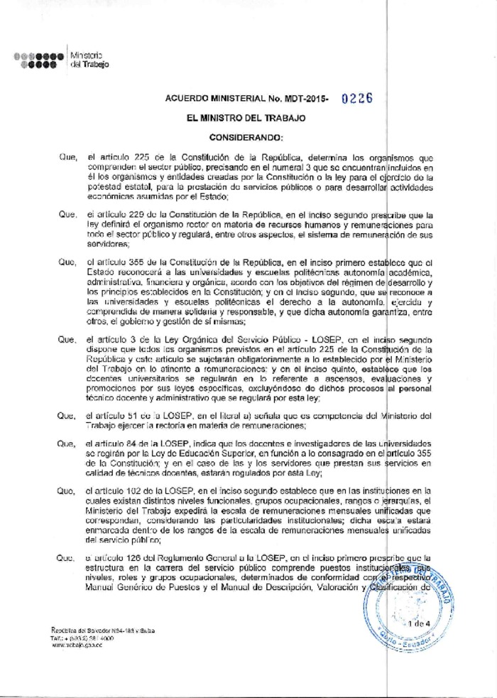 Acuerdo Ministerial Nro. 0226 Escala Remunerativa de los servidores bajo LOSEP en la Universidades y Escuelas Politécnicas Públicas