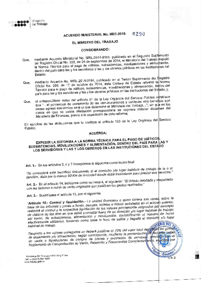 Acuerdo Ministerial Nro. 0290 Reforma a la Norma Técnica de Viáticos al Interior