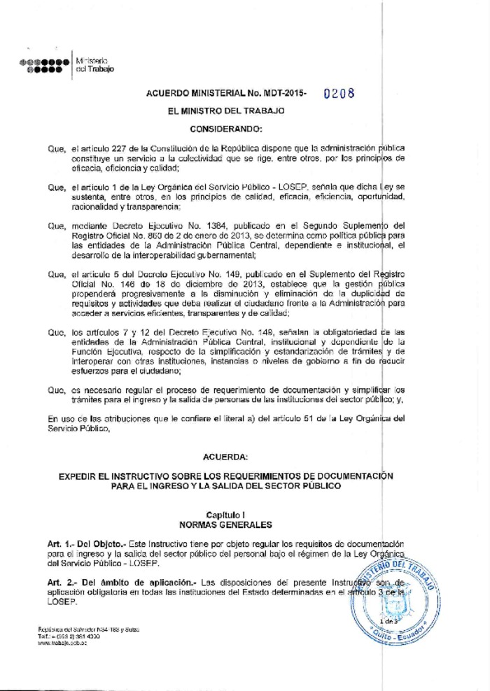 Acuerdo Ministerial Nro. 0208 Instructivo sobre los requerimientos de documentación para el ingreso y la salida del sector público