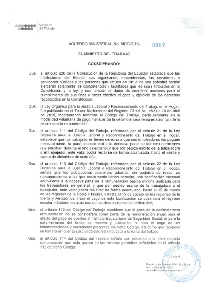 Acuerdo Ministerial Nro. 0087 Normas para el pago del décimo tercero y décimo cuarto sueldo