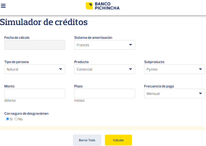 Banco Pichincha préstamos, simulador crédito, cuota de pago