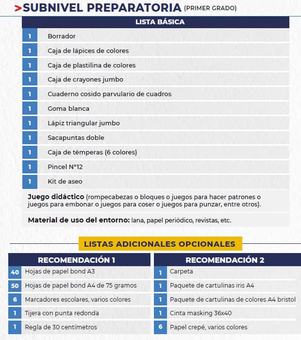 Lista para el nivel preparatoria(primer grado) Sierra & Amazonía 2022 - 2023