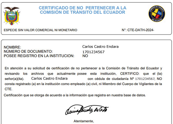 certificado de no pertenecer a la Comisión de Tránsito del Ecuador